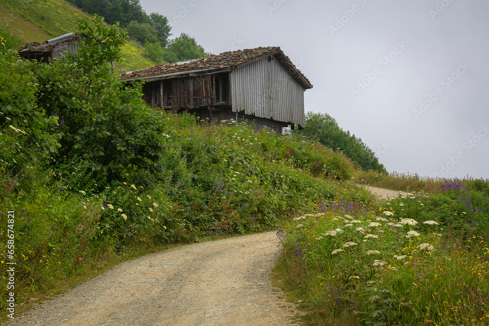 old chalet and foggy landscape in the background