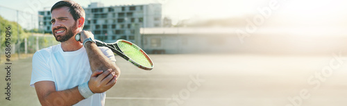 Fotografia Banner, elbow pain and man for tennis on the court with pain, emergency and accident after training