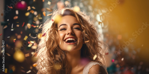 Celebrating happiness, Young woman with big smile throwing confetti, Happiness and coloured image. movement and happiness having fun, generative ai