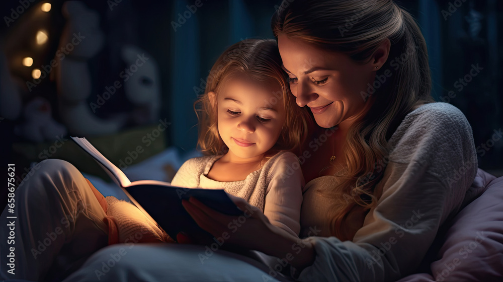 A beautiful mother reading a book to her daughter in bed before going to sleep. Generative Ai A beautiful mother reading a book to her daughter in bed before going to sleep. Generative Ai