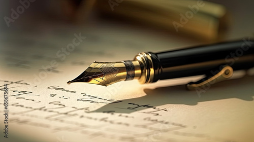 a Fountain pen resting on handwritten document. Generative Ai