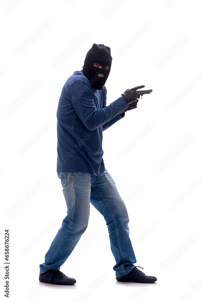Young male burglar holding handgun isolated on white Young male burglar holding handgun isolated on white