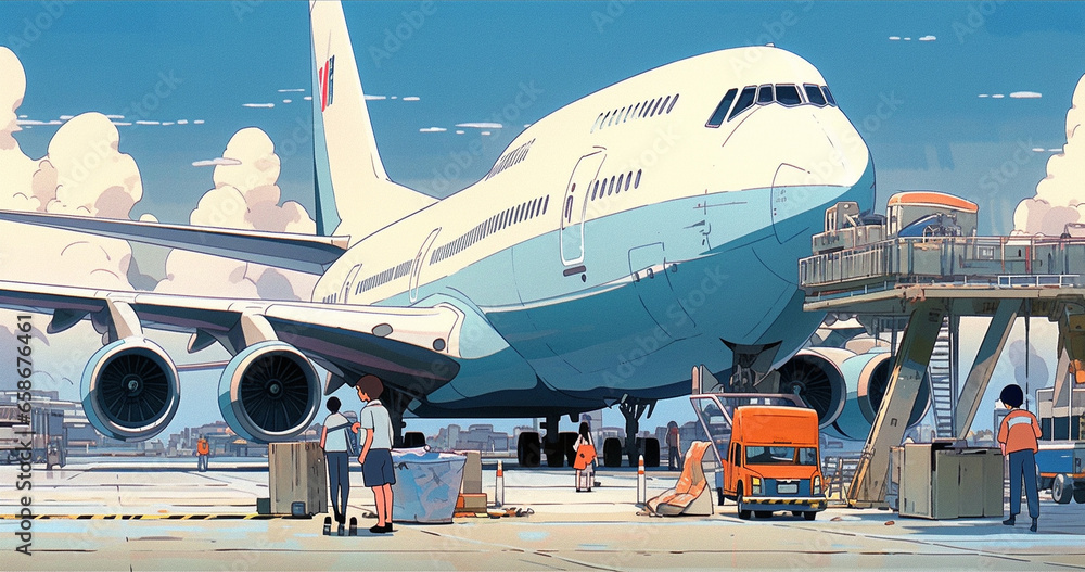 Boarding Bliss: Anime-style Illustration of Airport Delight, Generative AI