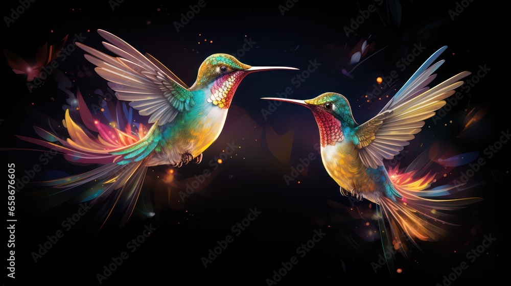 Fototapeta premium Pair of Humming Birds in Neon Colors