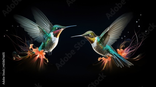 Pair of Humming Birds in Neon Colors