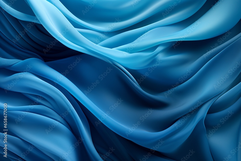 An abstract blue background features layers of folded silk drapery, creating a mesmerizing, elegant wallpaper ideal for the fashion industry