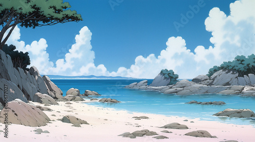 Sunset Serenade: Anime-style Illustration of a Sunlit Shore, Generative AI