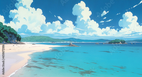 Golden Cove: Anime-style Scene of a Sunlit Beachscape, Generative AI