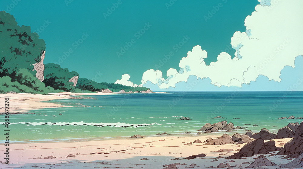 Golden Seashore: Anime-style Scene of a Coastal Escape, Generative AI