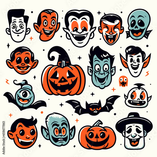 Halloween element collection, Vintage 50s cartoon Illustration