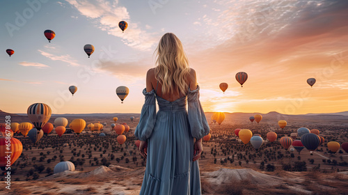 Back view of the Woman in dress stood looking at hot air balloons in the sky. Generative Ai
