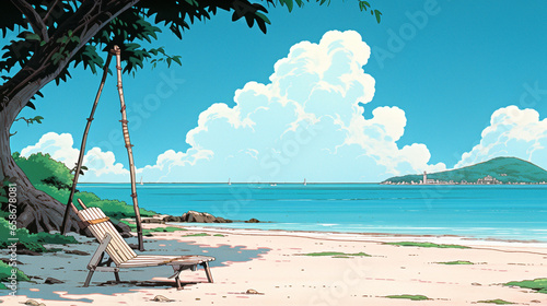 Golden Shores: Anime-style Scene of a Beach Oasis, Generative AI © Adolfo Perez Design