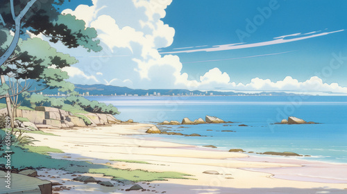Tropical Tranquility: Anime-style Illustration of a Paradise Cove, Generative AI