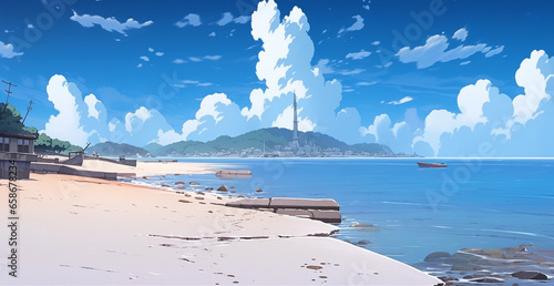 Breezy Beachscape: Anime-style Scene of a Relaxing Shore, Generative AI