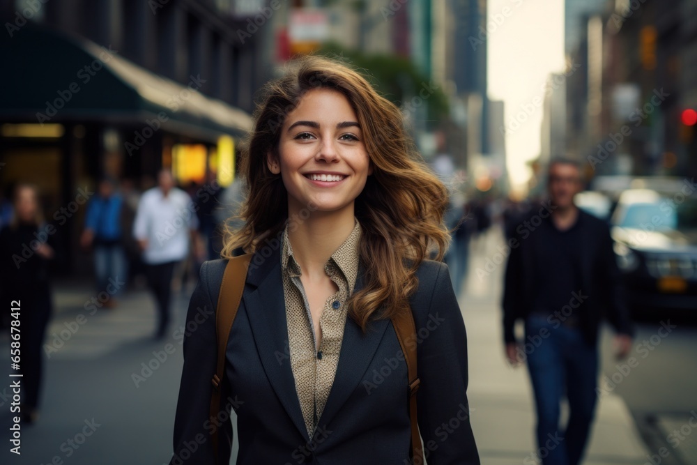 Businesswoman smile happy face portrait on city street
