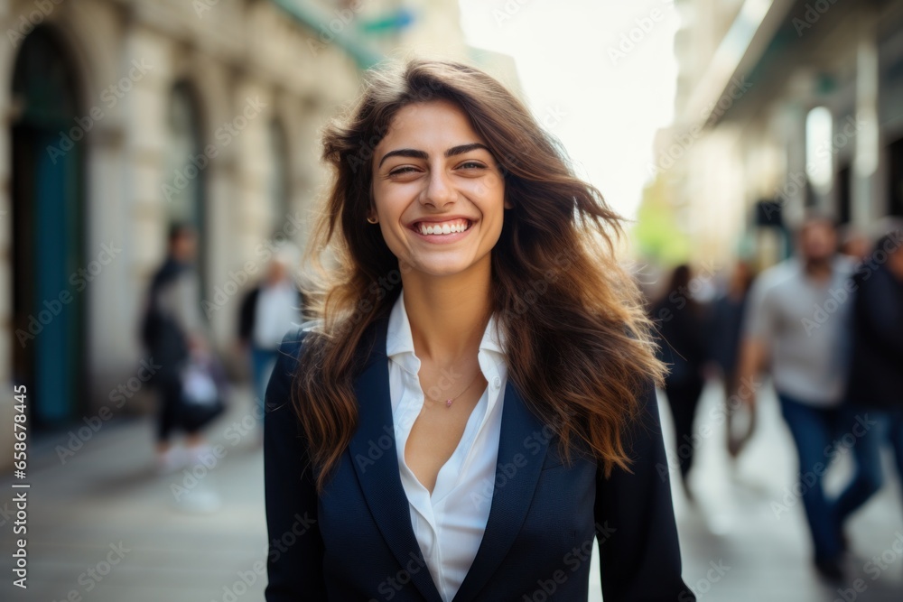 Businesswoman smile happy face portrait on city street Businesswoman smile happy face portrait on city street