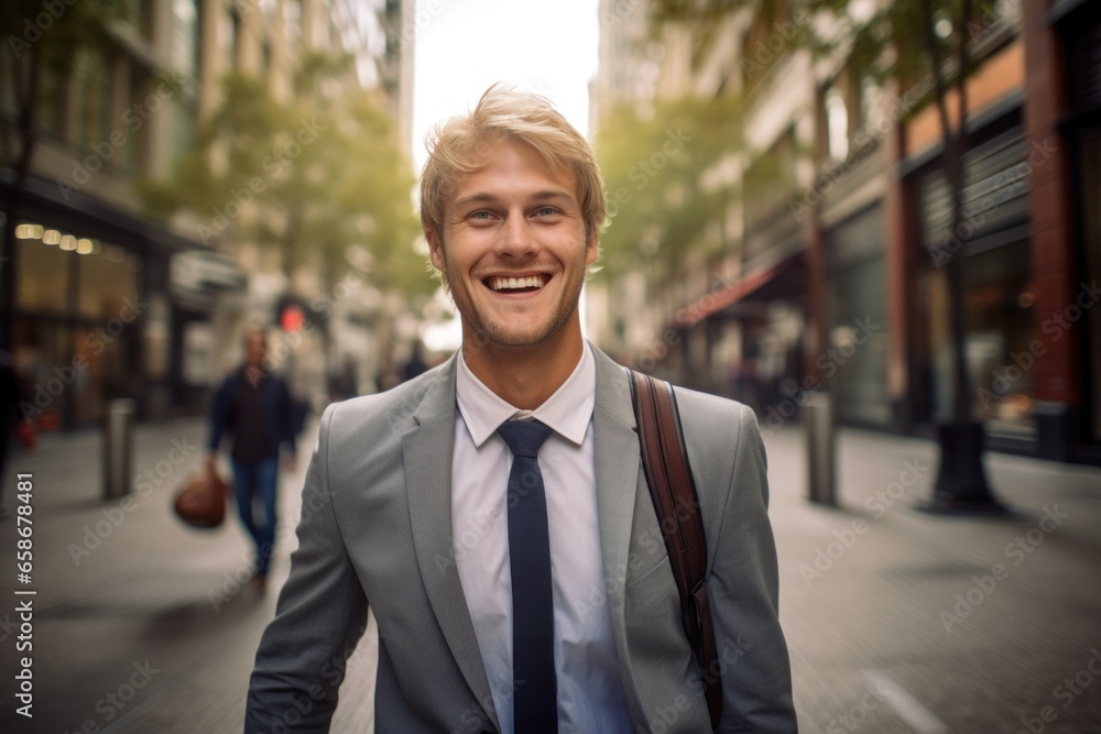 Blond caucasian businessman walking street smile happy face