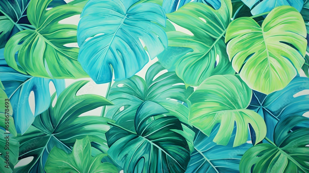 Abstract Background of illustrated Tropical Leaves. Exotic Wallpaper in cyan Colors Abstract Background of illustrated Tropical Leaves. Exotic Wallpaper in cyan Colors
