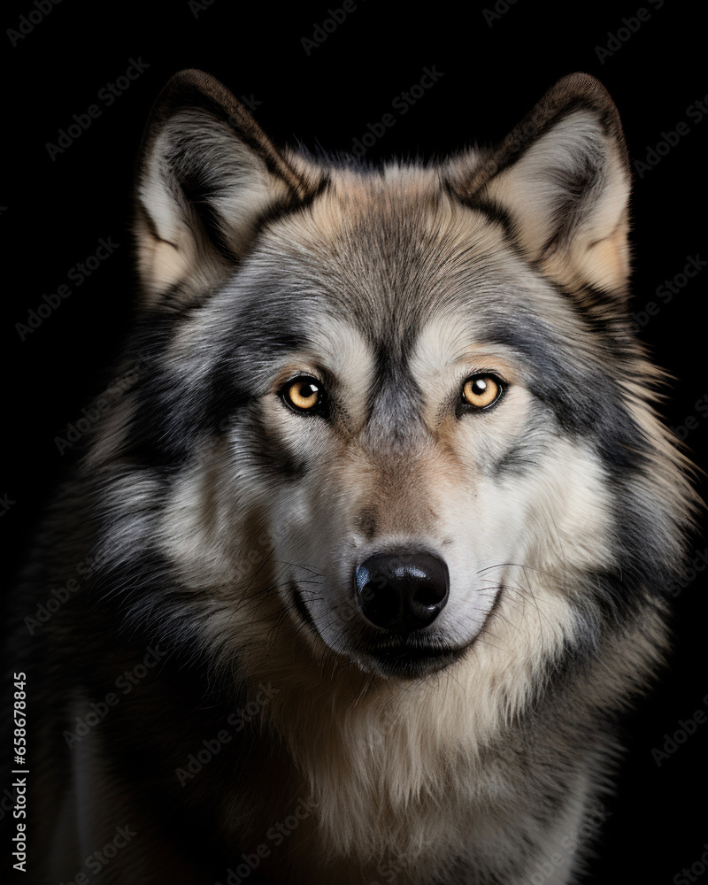 Frontal portrait of a wolf with bright eyes on a black background