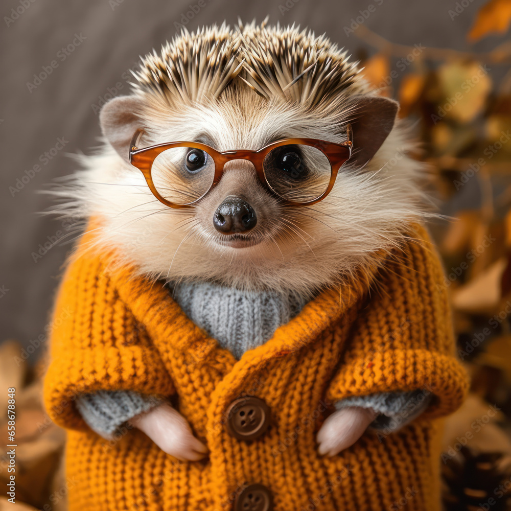 A hedgehog is wearing a sweater and a glasses
A hedgehog is wearing a sweater and a glasses