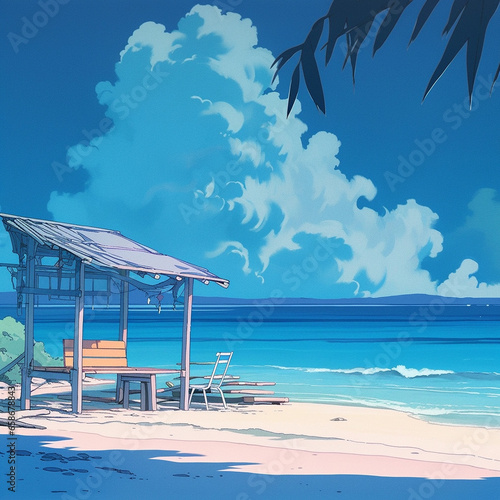 Waves of Relaxation  Anime-style Illustration of a Coastal Scene  Generative AI