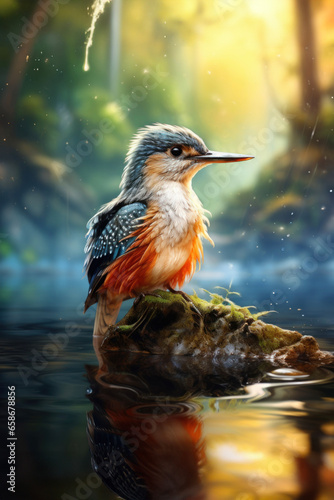 Small bright songbird near the water