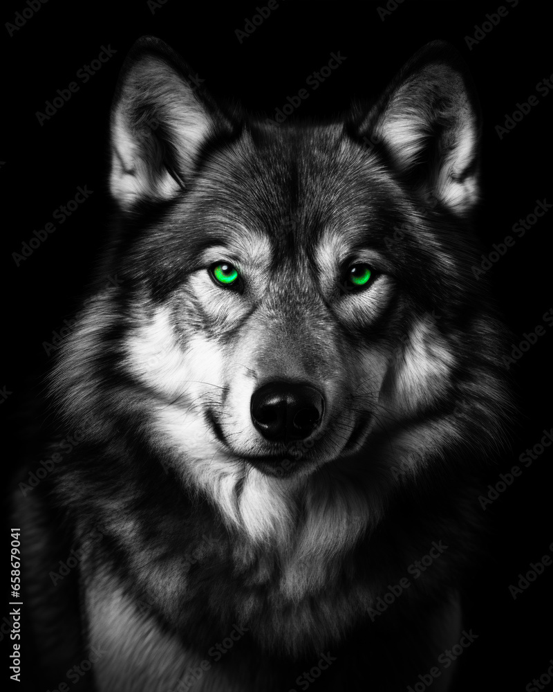 Gloomy wolf with green eyes on a black background in black and white format