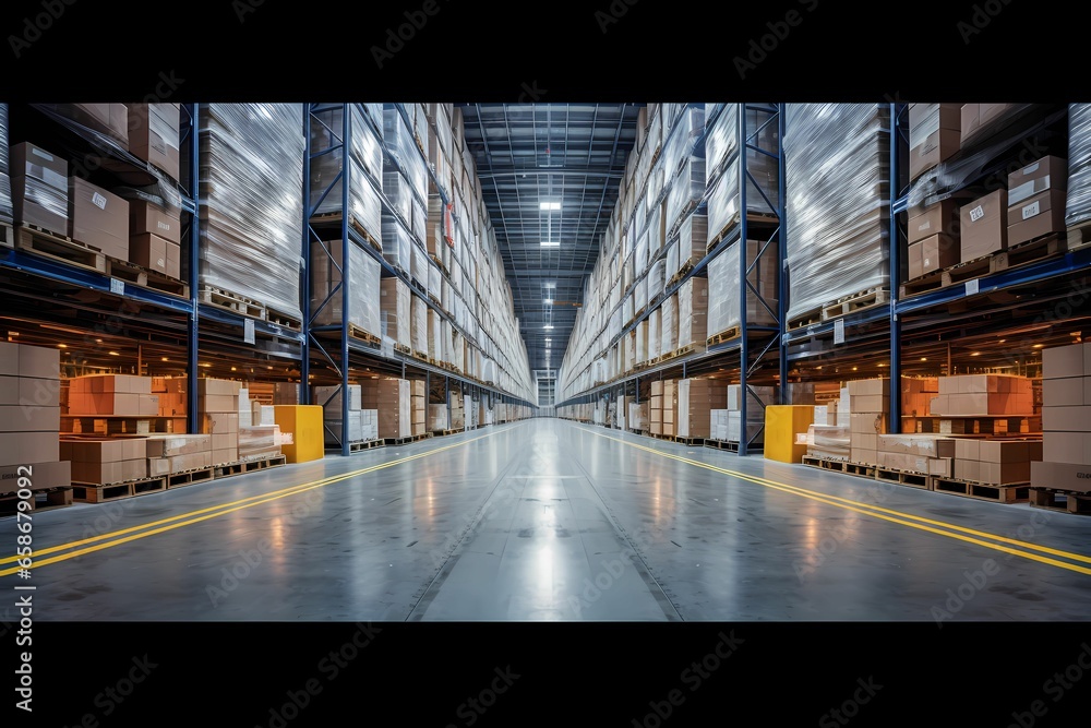 a large warehouse with many shelves full of cardboard boxes