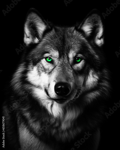 Gloomy wolf with green eyes on a black background in black and white format © Evgeniya Fedorova