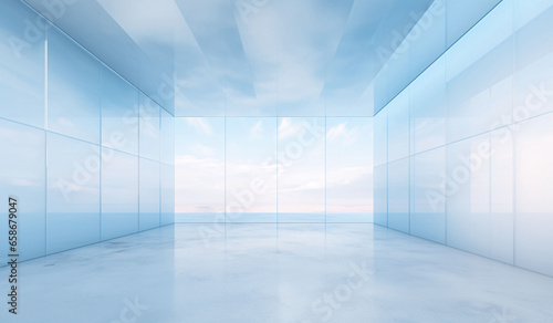 3d rendering of empty room with white wall and blue sky background