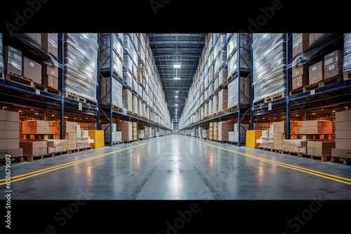 a large warehouse with many shelves full of cardboard boxes