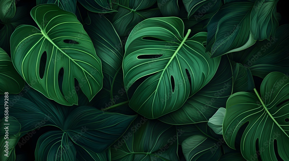 Abstract Background of illustrated Tropical Leaves. Exotic Wallpaper in dark green Colors