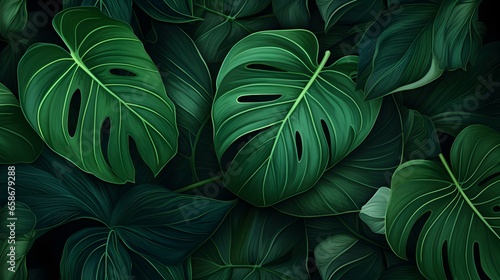 Abstract Background of illustrated Tropical Leaves. Exotic Wallpaper in dark green Colors