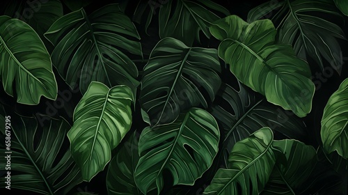 Abstract Background of illustrated Tropical Leaves. Exotic Wallpaper in dark green Colors © drdigitaldesign