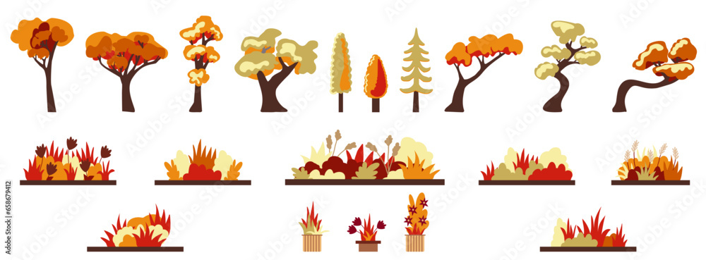 Vector set with autumn trees, grasses and bushes. Horizontal composition. Vector set with autumn trees, grasses and bushes. Horizontal composition.