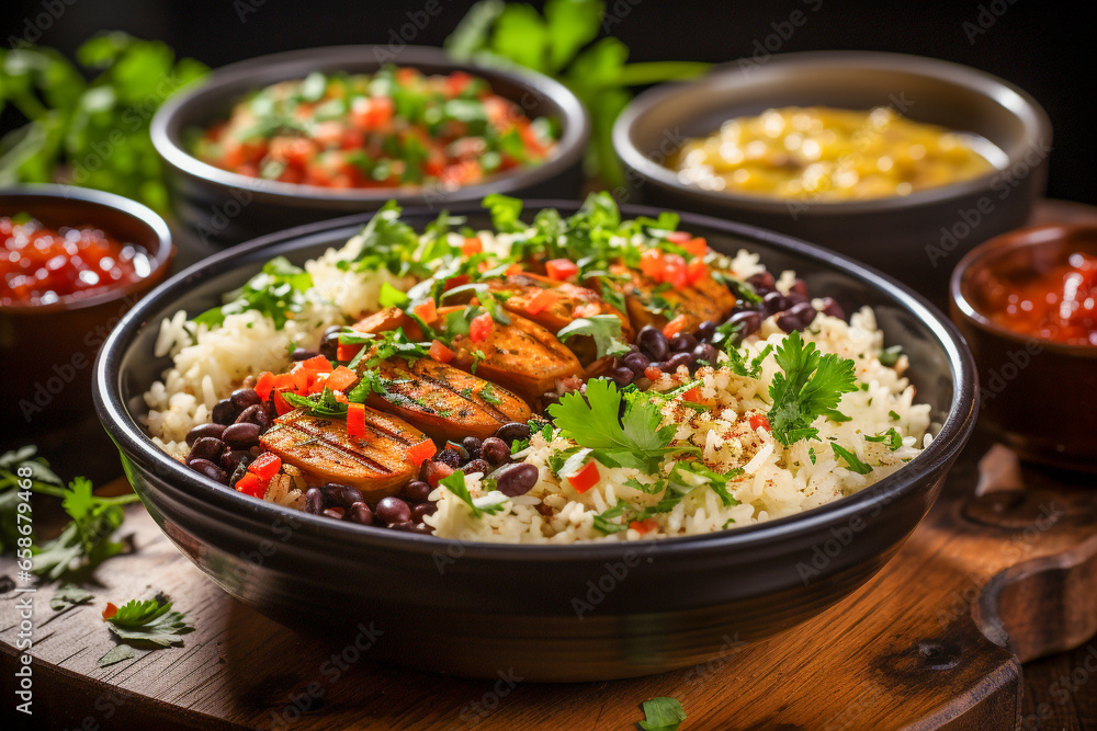 Brown Rice and Black Bean Bowl on table with kitchen background , AI generated. Brown Rice and Black Bean Bowl on table with kitchen background , AI generated.