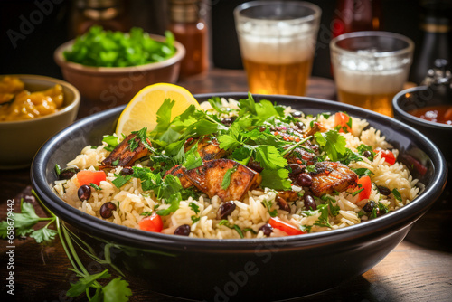 Brown Rice and Black Bean Bowl on table with kitchen background , AI generated.