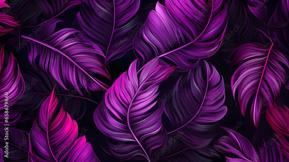 Abstract Background of illustrated Tropical Leaves. Exotic Wallpaper in dark purple Colors