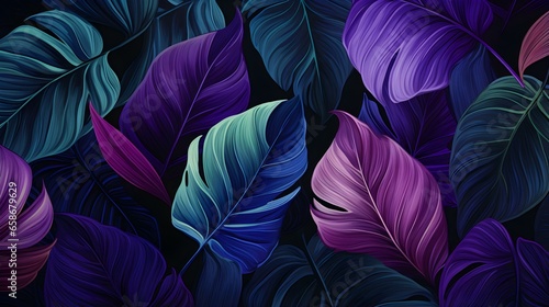 Abstract Background of illustrated Tropical Leaves. Exotic Wallpaper in dark purple Colors