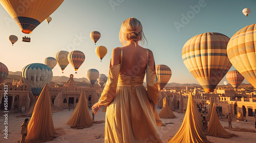 Back view of the Woman in dress stood looking at hot air balloons in the sky. Generative Ai