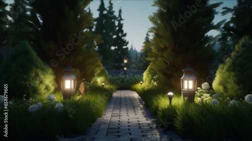 park landscape with green plants, pine bushes and trees with flowers illuminated by street lamps in perspective along the garden, created with Generative AI Technology.