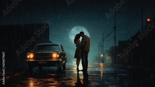 Lovers Embracing in the night illuminating street lights
