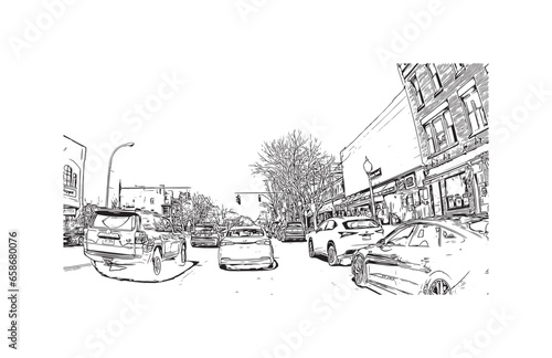 Building view with landmark of Saratoga Springs is the city in New York State. Hand drawn sketch illustration in vector.