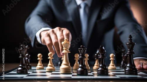 Businessman moving chess piece on chess board game, generative Ai