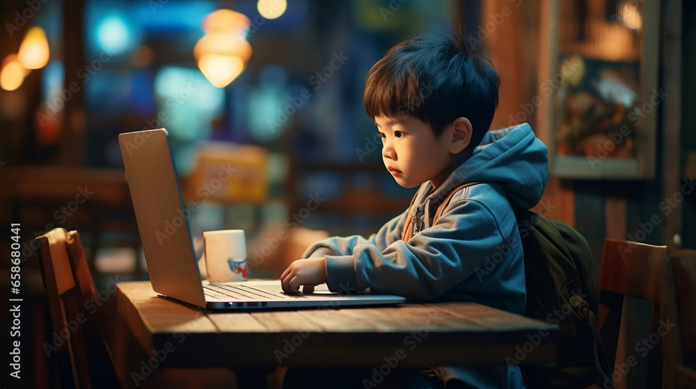 Young Asian Boy Using a Laptop, Generated AI Young Asian Boy Using a Laptop, Generated AI