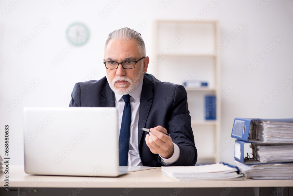 Old male employee working in the office Old male employee working in the office