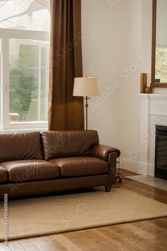 dark living room with a brown leather capitone sofa and a classic bronze floor lamp