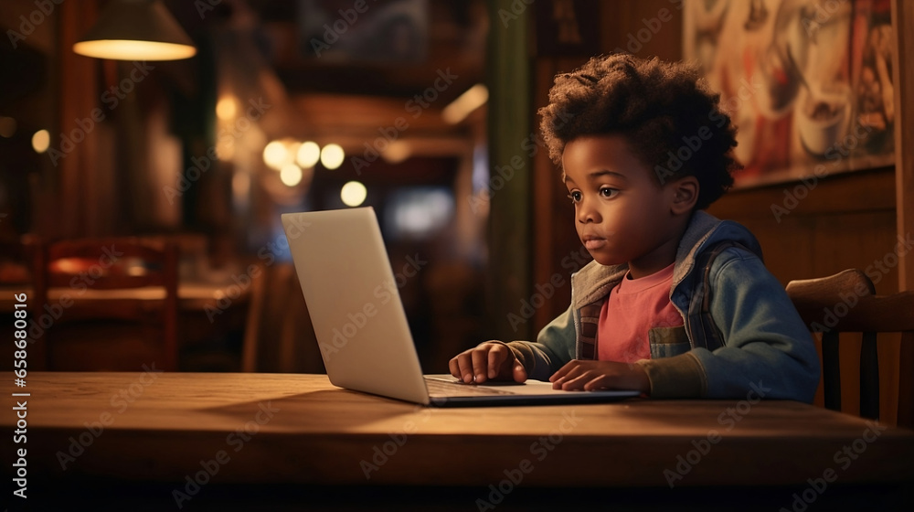 Young Afro-American Boy Using a Laptop, Generated AI Young Afro-American Boy Using a Laptop, Generated AI