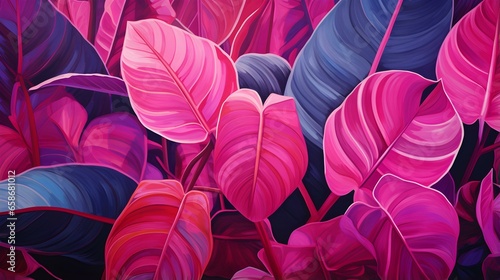 Abstract Background of illustrated Tropical Leaves. Exotic Wallpaper in hot pink Colors © drdigitaldesign