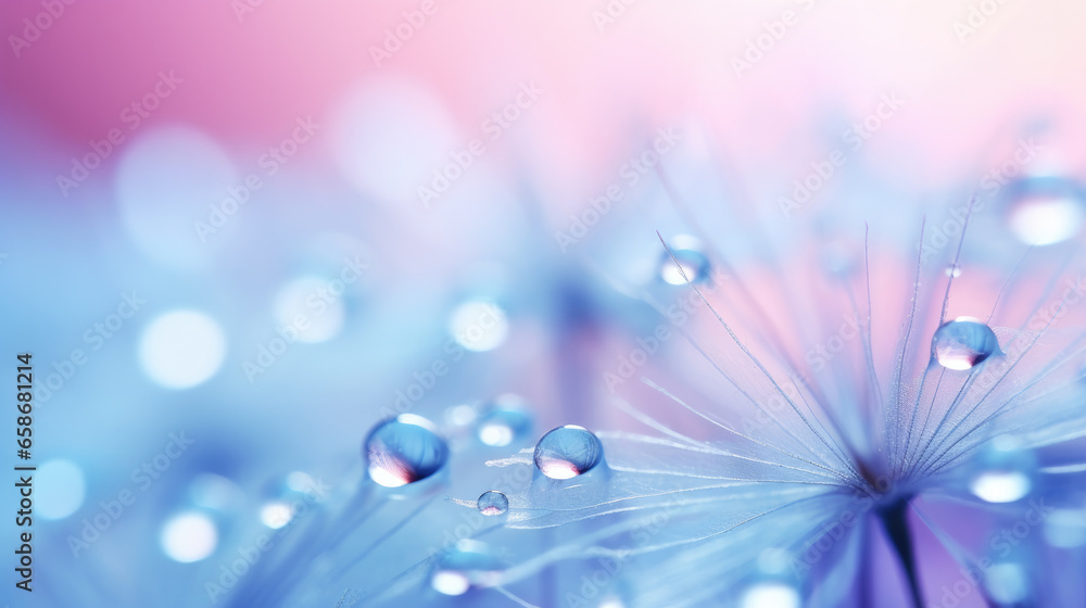 Beautiful dew drops on a dandelion seed macro. Beautiful soft light blue and violet background. Water drops on a parachutes dandelion on a beautiful blue. Soft dreamy tender artistic image form Beautiful dew drops on a dandelion seed macro. Beautiful soft light blue and violet background. Water drops on a parachutes dandelion on a beautiful blue. Soft dreamy tender artistic image form